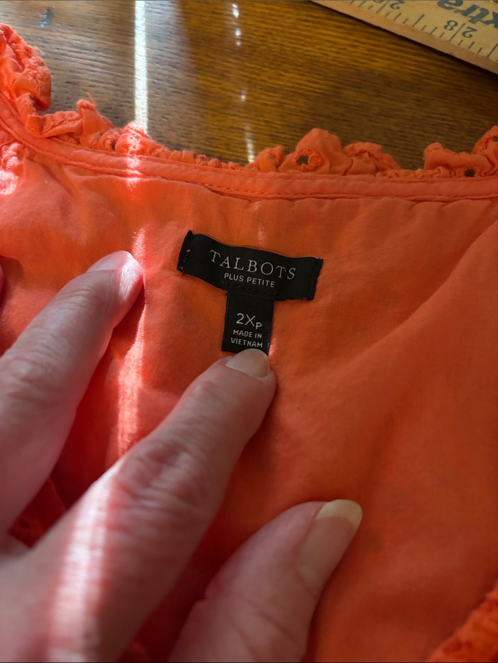 Talbots Bright Coral Eyelet V-Neck Short Sleeve Top - Picture 2 of 7